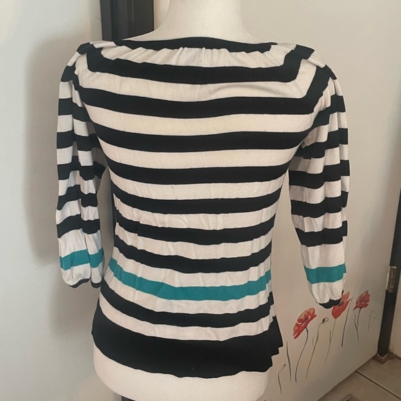 3/4 sleeve scoop neck black and white stripe with turquoise accent stripe - Picture 3 of 8